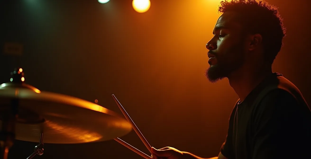 Batteur de jazz en concentration profonde sur scène, éclairage tamisé créant une atmosphère intimiste