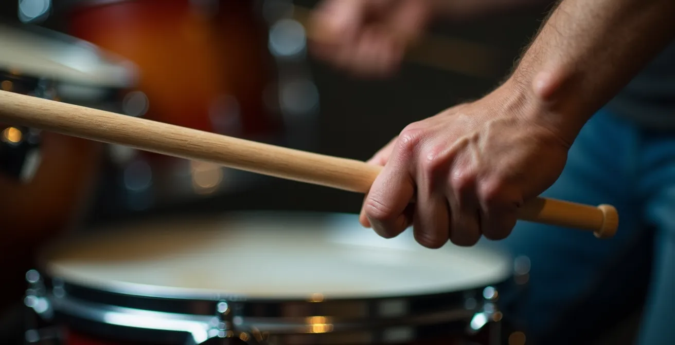 Détail de la prise en main d'une baguette 7A montrant le positionnement précis des doigts